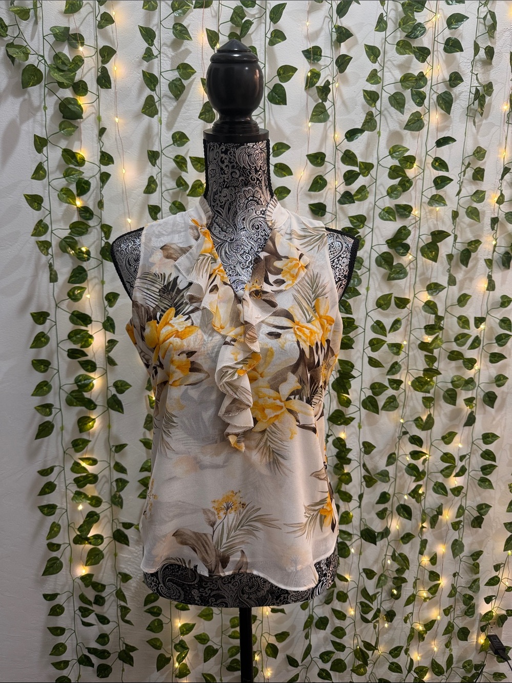 White House Black Market Cream Floral Ruffle Halter Camisole